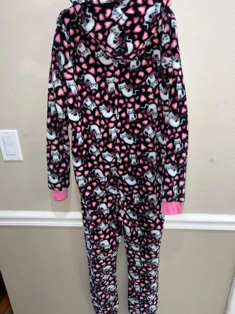 girls Rene Rofe one piece pajama sleepewear hooded full zipper catprint L 10/12